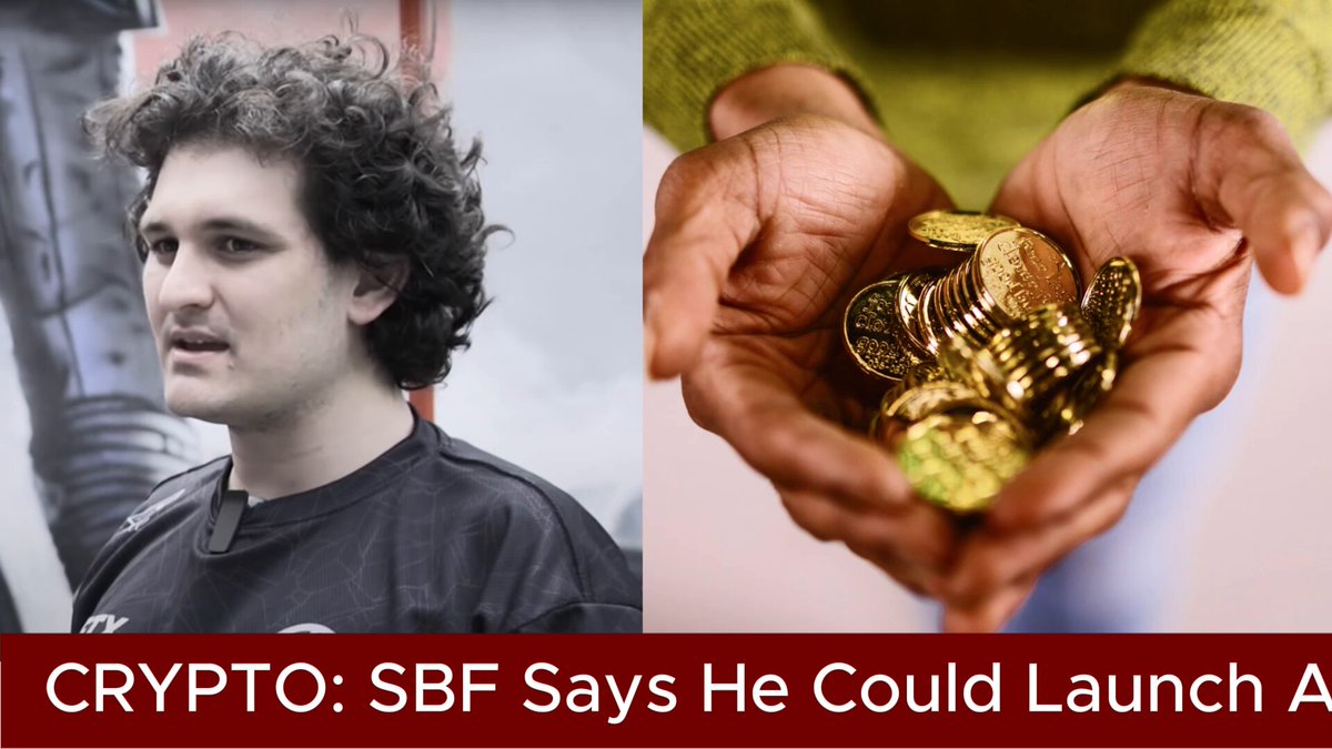 The image features a man holding up a pile of gold coins, with another person's hands holding a stack of money as well. The text overlays the image, stating that Bitcoin founder Satoshi Nakamoto says he could launch a new cryptocurrency.