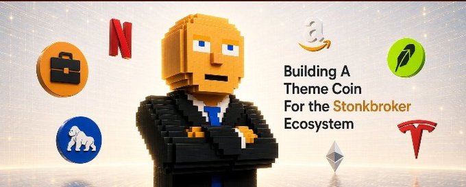 A digital illustration of a blocky Lego-style figure in a suit surrounded by floating icons including Netflix 'N', Amazon, and a gorilla logo, with text reading 'Building A Theme Coin For the Stonkbroker Ecosystem'.