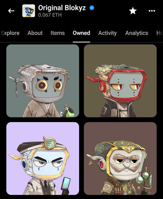 A screenshot of an NFT collection page titled 'Original Blokyz' priced at '0.067 ETH', showing four owned cartoon characters with mechanical/steampunk-themed helmets.