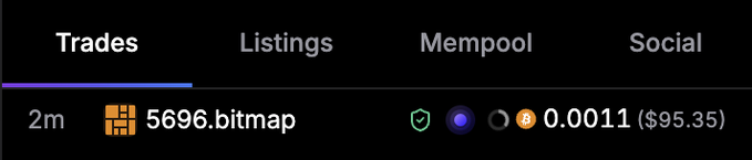 A screenshot of the Trades tab on what appears to be a Bitcoin Ordinals marketplace shows a recent sale of "5696.bitmap" for 0.0011 BTC ($95.35), placed 2 minutes ago, confirming the 4-digit bitmap sale mentioned in the post.