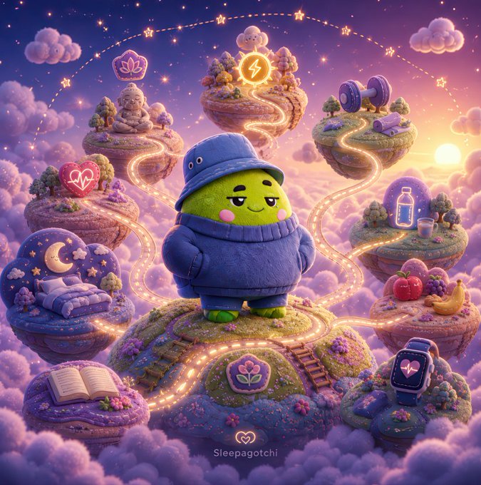 Dreamy pastel illustration branded 'Sleepagotchi' showing a cute green character in a bucket hat standing on a path connecting floating islands with icons for meditation, nutrition, sleep, exercise, and wellness.