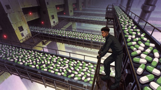 A man in a black jacket stands on a catwalk overlooking massive industrial conveyor belts endlessly transporting green and white capsules, symbolizing the relentless, perpetual motion of a production cycle. The image visually reinforces the post's message of an unstoppable flywheel, depicting a vast pharmaceutical-style operation churning out products nonstop.