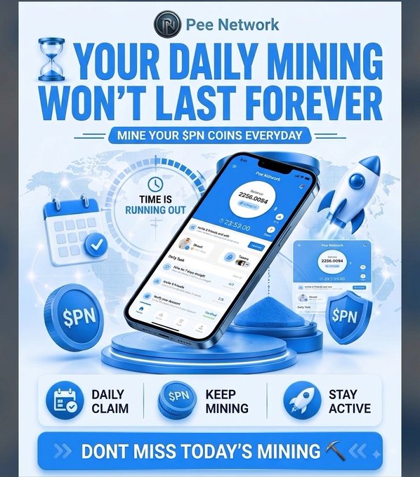 An advertisement for 'Pee Network' with the text 'YOUR DAILY MINING WON'T LAST FOREVER,' urging users to mine $PN coins, daily claim, and stay active.