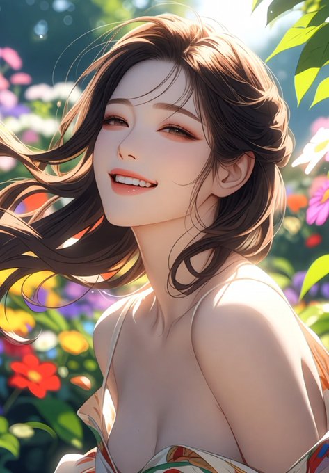 A vibrant digital illustration of a smiling woman with flowing brown hair surrounded by colorful flowers and green foliage in bright sunlight.