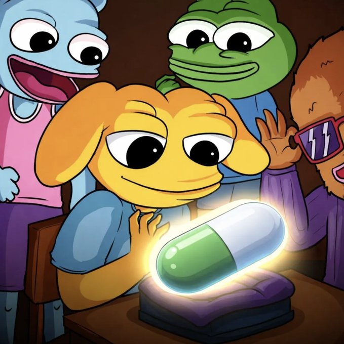 A cartoon illustration shows four colorful characters, including a frog and a blue creature, gathered around a glowing green and white capsule resting on a book.