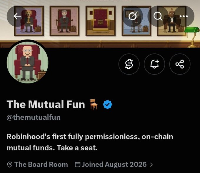 A social media profile page for 'The Mutual Fun' (@themutualfun) with the description 'Robinhood's first fully permissionless, on-chain mutual funds. Take a seat.' featuring pixel art portraits in the boardroom banner.