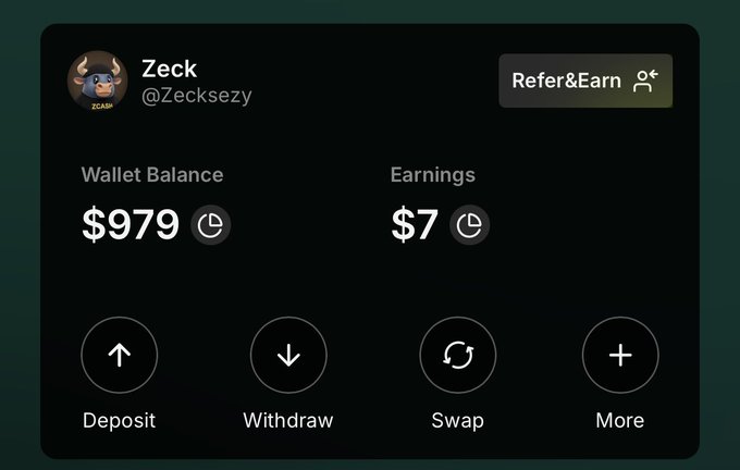 A digital wallet interface for user 'Zeck' (@Zecksezy) showing a balance of $979 and earnings of $7, with options for Deposit, Withdraw, Swap, and More.