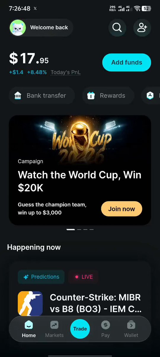 The image shows a smartphone screen displaying an app called "Bitget Wallet" with a gold background, featuring a logo of a person holding a trophy. The app has a black background with white text that reads "দিয়ে মাত্রান্সবং করলামুক্ত অভিজ্ঞতা। @bitget wallet". The app is designed to help users transfer money, and it has a "Watch the World Cup" feature.