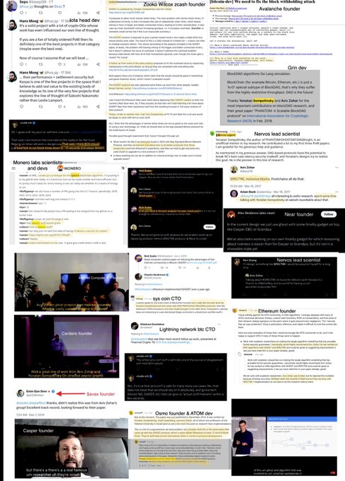 The image is a dense Twitter thread compilation highlighting crypto industry figures and research connections, featuring posts about Zooko Wilcox, Ethereum, Karura, and Cardano founder Charles Hoskinson, with a final post displaying a tweet from "Sean Bair" about Kaspa that visually emphasizes the "$kas" ticker mentioned in the caption.