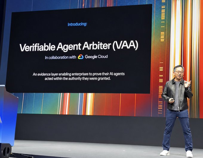 A man presenting on stage introducing 'Verifiable Agent Arbiter (VAA)' in collaboration with Google Cloud, described as 'An evidence layer enabling enterprises to prove their AI agents acted within the authority they were granted.'