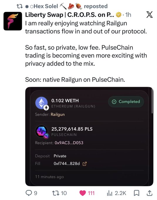 A screenshot of a tweet from "Liberty Swap | C.R.O.P.S. on PulseChain" (@cHex_Sole1) showing a completed Railgun privacy transaction on PulseChain, where 0.102 WETH (Ethereum) was swapped for 25,279,614.85 PLS (PulseChain) as a private deposit from Railgun to address 0x9AC3...D053, demonstrating the anonymous Ethereum-to-PulseChain bridging functionality via LibertySwap.finance.