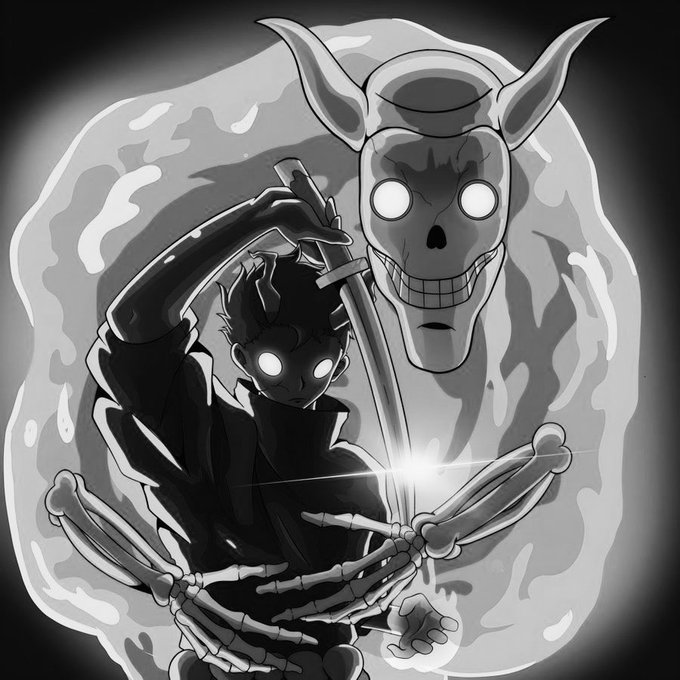 The image is a black and white illustration featuring two characters, one holding a sword and wearing a skeleton costume with a skull mask. In front of them, there is a light source that casts an ethereal glow on their surroundings. A watermark reading "@outworld3rs - supply: 950 - mint Price: TBA - mint Date: TBA - chain: ETG - tag an interested nft fren - follow @outworld3rs & #MagnetXDao - like & rt - tag an interested nft fren - dropETH wallet. 24 hours". The illustration seems to be a visual representation of the post, capturing the main elements and details that it wants to convey to its audience.