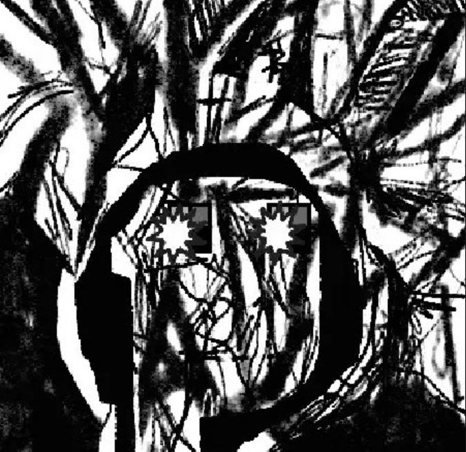 A high-contrast, heavily stylized black-and-white image showing a figure with a bob haircut whose eyes appear as jagged starburst shapes, surrounded by abstract scratchy patterns.