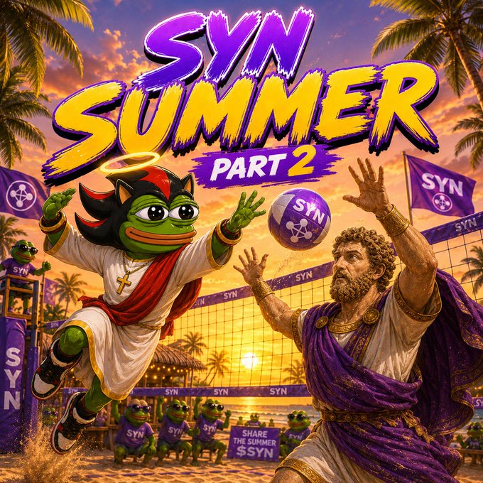 A vibrant promotional poster for '$YN SUMMER PART 2' featuring a Pepe frog dressed in white robes with a halo and cross necklace playing volleyball against a Roman/gladiator-style character, with '$YN' branded flags and beach volleyball setting.