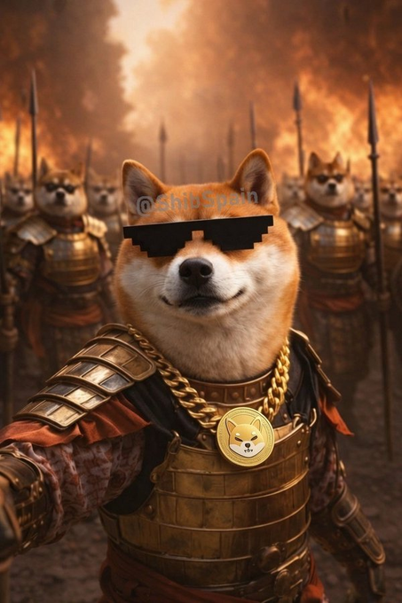 A digital artwork of Shiba Inu dogs dressed as an army, with the central dog wearing pixelated sunglasses, a gold chain, and armor with a Shiba Inu medallion, credited to '@ShibSpain'.