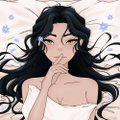 A small anime-style illustration of a girl with long dark hair holding a finger to her lips in a 'shh' gesture.