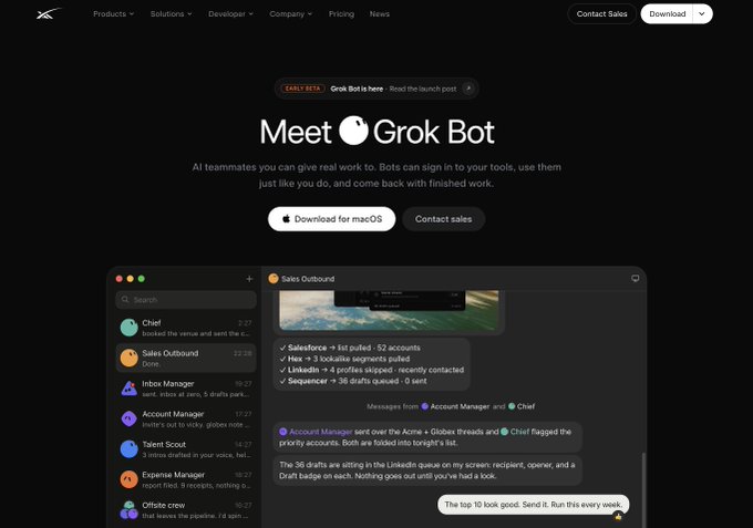 The image shows a landing page for Grok Bot, an AI tool from xAI featuring an early beta launch announcement, with the headline "Meet Grok Bot" and a screenshot of the macOS app displaying a chat interface with teammates like "Sales Outbound" and "Account Manager" discussing lead generation work. The post expresses interest in setting up their own Grok bots, directly relating to this promotional image showcasing how these AI bots can collaborate as virtual teammates within the platform.