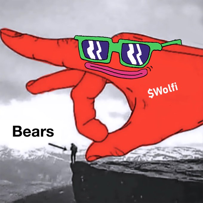 A humorous edited image showing a massive red hand wearing green sunglasses labeled '$Wolfi' reaching out from the clouds toward a tiny silhouetted figure on a cliff edge, labeled 'Bears'.