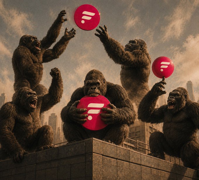 A group of giant gorillas on a rooftop playfully toss around red frisbees and a balloon, all featuring the white "F" logo of the Flare ($FLR) blockchain network, mirroring the post's playful tone of "bro" crypto holders eagerly catching the token's regular delegation and staking rewards.