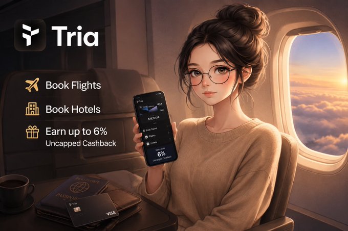 An illustrated woman with glasses and a bun sits in an airplane seat at sunset, holding a smartphone displaying a Tria app interface, with the Tria logo and text "Book Flights," "Book Hotels," and "Earn up to 6% Uncapped Cashback" overlaid. The image visually promotes Tria's travel booking features through crypto, aligning with the post's message about the platform expanding into flights and hotels via its Bookit integration.
