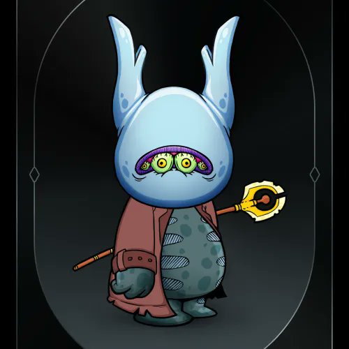 Cartoon illustration of a blue, multi-eyed alien-like creature with two horn-like protrusions on its head, wearing a red robe and holding a yellow and red staff against a black background.