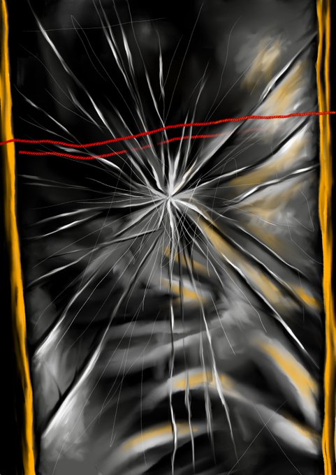 Abstract digital artwork featuring a shattered glass effect with radiating cracks, accented by red and yellow lines on the edges.