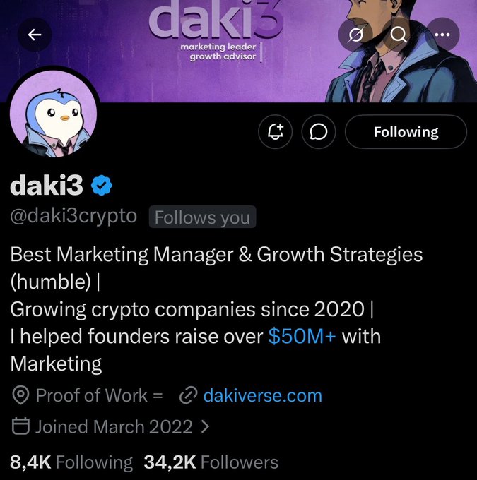 The image shows a Twitter profile of a person named "Dak3". The profile has a pink background, which contrasts with the purple text that reads "Best Marketing Manager & Growth Strategies". The profile also includes a link to a blog post about Solana's cryptocurrency and how it is helping people connect. The post mentions that followers can join in on March 2020 for a special event.