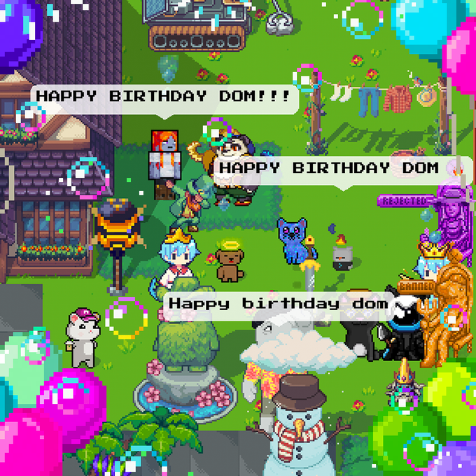 A vibrant pixel-art birthday celebration scene with characters and chat bubbles saying 'HAPPY BIRTHDAY DOM!!!', 'HAPPY BIRTHDAY DOM', and 'Happy birthday dom' across the screen.