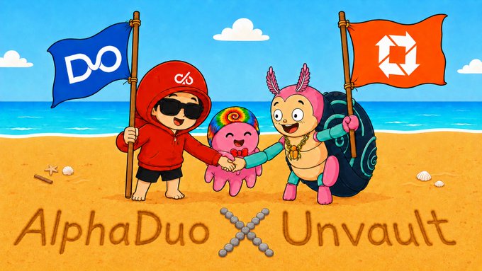A cartoon beach scene showing two characters holding flags—one wearing a red '∞' hoodie with sunglasses holding a blue 'DUO' flag, and a pink tribal-style character holding an orange 'Unvault' flag—with the text 'AlphaDuo X Unvault' written in the sand.