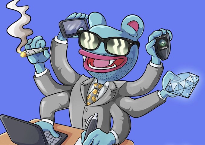 The image features a cartoon blue frog wearing sunglasses, a suit, and a Bitcoin-patterned tie, holding a smoking cigar, a smartphone, a car key, a large diamond, and typing on a laptop — embodying the "cool" multi-tasking degen trader lifestyle. This visually represents the post's hype around $WSB, depicting the ideal of someone with diversified wins (crypto, luxury items, tech) that early investors are hoping to replicate before the ticker takes off on Robinhood.