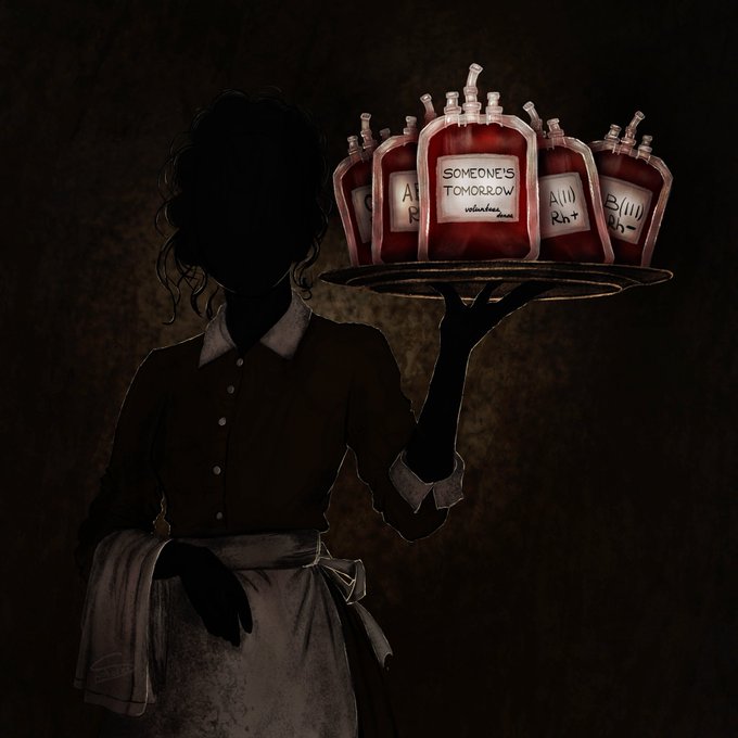 A silhouette of a servant holds a tray of blood bags labeled with "Someone's Tomorrow" and blood types "A," "AIII Rh+," and "BIII Rh+," visually representing the artwork's title as the central bag glows among others. The dark, symbolic imagery mirrors the post's announcement that this piece—part of a limited series with 6/10 editions still available—has been acquired by a fellow artist.