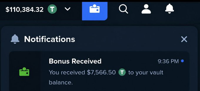 The image shows a Stake.com notifications panel displaying a $110,384.32 balance with a "Bonus Received" alert at 9:36 PM confirming $7,566.50 was added to the vault, directly supporting the post's claim of receiving a $7,566 bonus gift from Stake.