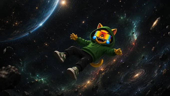 A character wearing a green hoodie and an orange mask with cat ears floats weightlessly through a starry space scene filled with asteroids and galaxies.