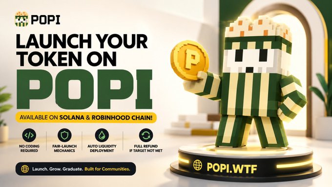A promotional banner reads 'LAUNCH YOUR TOKEN ON POPI - AVAILABLE ON SOLANA & ROBINHOOD CHAIN!' featuring a pixel-art mascot holding a gold coin, with features listed as 'NO CODING REQUIRED', 'FAIR-LAUNCH MECHANICS', 'AUTO LIQUIDITY DEPLOYMENT', and 'FULL REFUND IF TARGET NOT MET', directing to POPI.WTF.