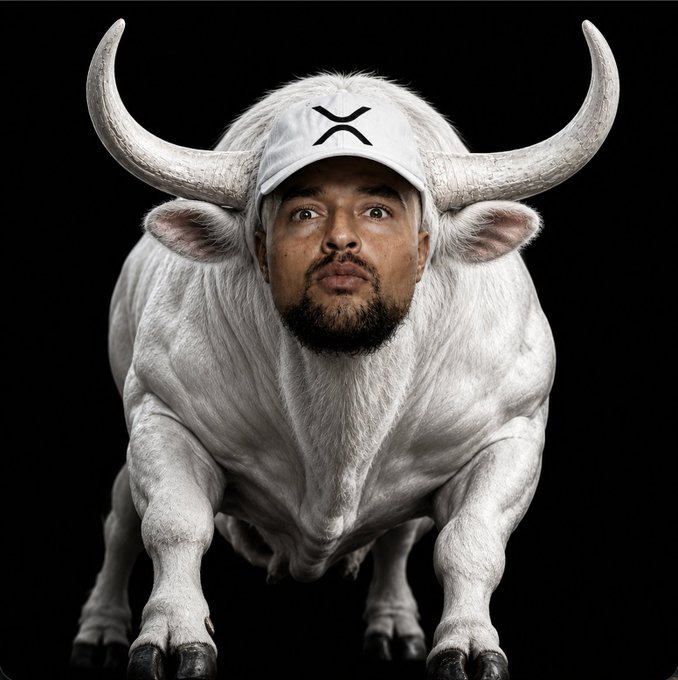 A man wearing a white cap with the XRP logo is digitally composited onto the body of a muscular white bull, visually representing the "XRP White Bull ($STEPH)" meme coin. The striking image reinforces the post's branding by merging the XRP symbol with the powerful bull imagery central to the cryptocurrency's promotion on Pump.fun.