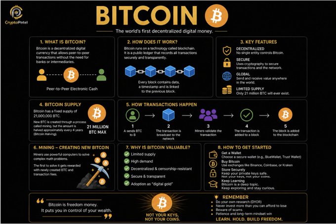 An educational infographic from CryptoPatel explaining Bitcoin: 'The world's first decentralized digital money,' covering what it is, how it works, supply (21 million max), mining, and why it is valuable.