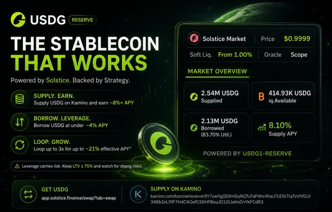 The image shows a poster or website dedicated to the stablecoin called Solicoin. It provides information about the exchange rate of USDC Reserve, which can help people understand how much they can potentially earn when using the stablecoins for trading on platforms like Kamino. The post suggests that investing in stablecoins might be an interesting way to invest one's capital and potentially earn a yield spread.