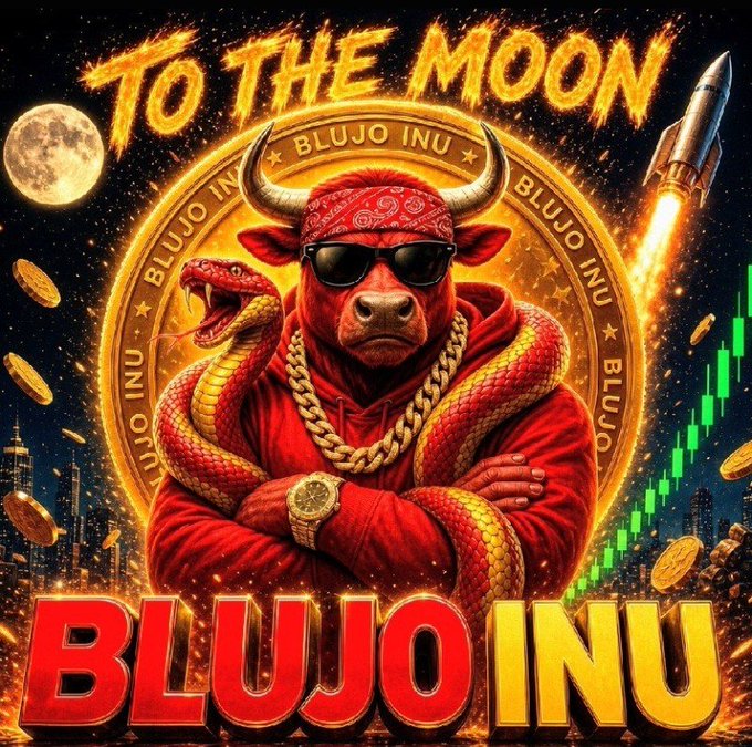 A vibrant promotional graphic for 'BLUJO INU' token featuring a red bull wearing sunglasses and a bandana wrapped in a snake, with 'TO THE MOON' text, a rocket, moon, and rising green chart candles.