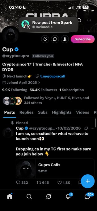 A mobile screenshot of an X (formerly Twitter) profile page for user 'Cup' (@cryptocupra), displaying a 'New post from Spark' notification, follower counts, and a pinned tweet about a new launch.
