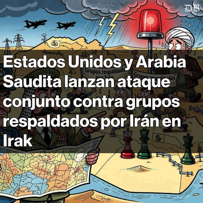 A cartoon illustration shows military aircraft flying over a desert landscape with power lines and oil infrastructure, while figures including a man in traditional Saudi attire stand near a red emergency light. A character in military fatigues holds a map in the foreground, with chess pieces and text reading "Grupos respaldados por Irán" visible in the background.

The Spanish headline reads: "Estados Unidos y Arabia Saudita lanzan ataque conjunto contra grupos respaldados por Irán en Irak" (United States and Saudi Arabia launch joint attack against Iran-backed groups in Iraq), matching the post's coverage of coordinated US-Saudi military strikes on IRGC-linked targets in Iraq.