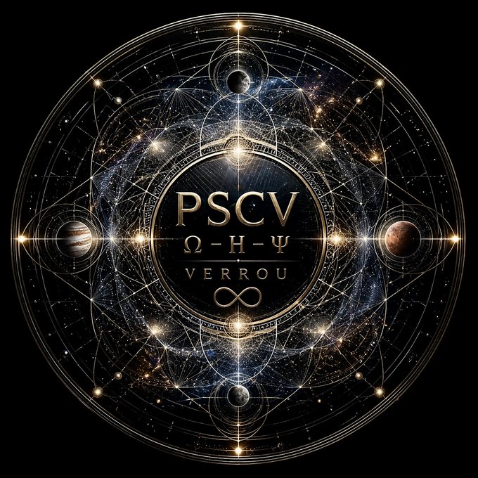 A mystical cosmic emblem featuring the text 'PSCV' above symbols 'Ω-Ψ-Ψ', 'VERROU', and an infinity sign, surrounded by celestial maps and planets against a starry background.