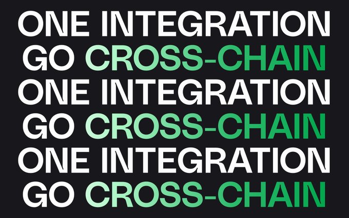 A black graphic with repeating white and green text that reads 'ONE INTEGRATION GO CROSS-CHAIN' stacked three times.