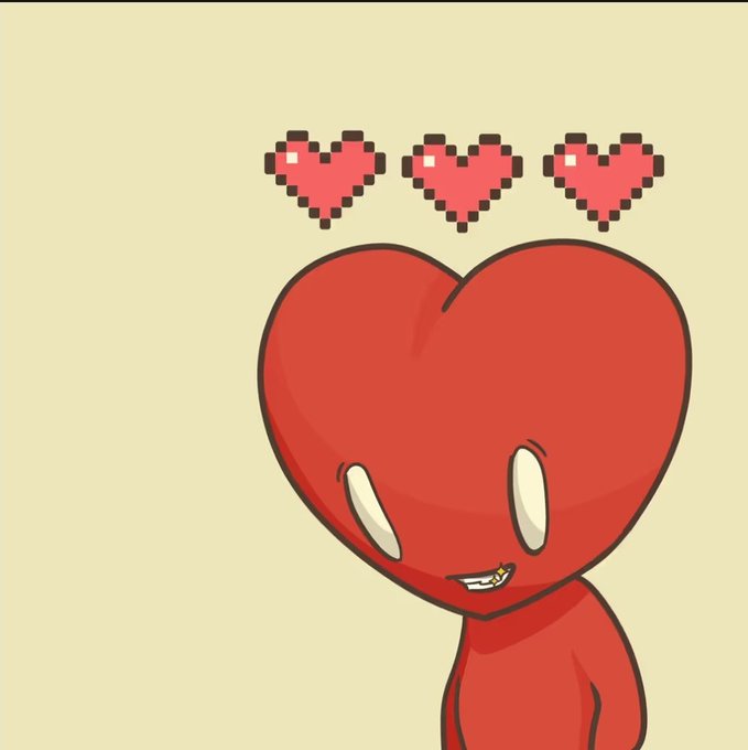 An illustration of a red cartoon heart character with three pixelated heart icons floating above its head on a beige background.