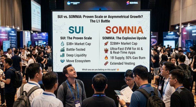 A crowded crypto conference scene with a presentation slide titled "SUI vs. SOMNIA: Proven Scale or Asymmetrical Growth? The L1 Battle," comparing SUI's $3B+ market cap with SOMNIA's $28M+ market cap, ultra-fast EVM, and 1B supply.