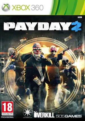 Cover art for the Xbox 360 video game 'PAYDAY 2' showing four masked characters in suits wielding firearms, with '18' PEGI rating and Overkill/505 Games logos.