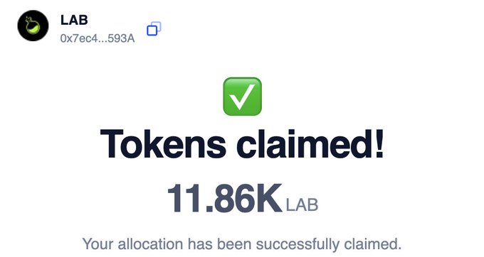 A confirmation screen showing a successful token claim with the text 'Tokens claimed! 11.86K LAB' and 'Your allocation has been successfully claimed.'
