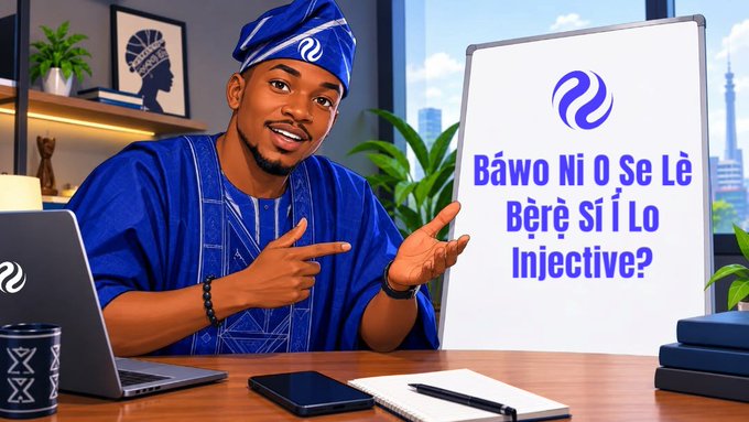 A digital illustration of a smiling man in blue traditional Nigerian attire pointing to a whiteboard that reads 'Báwo Ni O Se Lè Bẹ̀rẹ̀ Sí Í Lo Injective?'