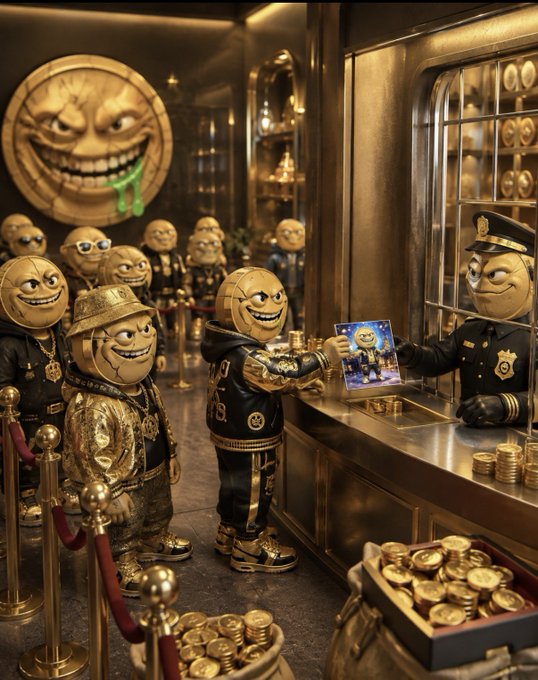 A golden-toned 3D scene depicts cartoonish round-faced characters in gold outfits at what appears to be a bank counter, with coins and a vault in the background.