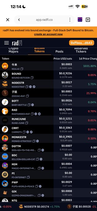 Mobile screenshot of the app.radfi.co website displaying crypto token prices including NIUAI ($0.0003), BOUND ($0.9236), NODESTR ($0.0017), ZODIAC-RAT (子鼠), BOTT ($0.0026), and RAD ($0.7094) on RadFi, a 'bound.exchange' platform.