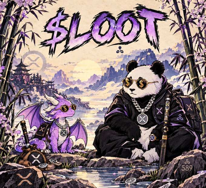 A stylized illustration featuring the word '$LOOT' in purple at the top, with a panda wearing gold '$' sunglasses and a purple dragon adorned with XRP medallions sitting by a stream in a Japanese-style landscape.